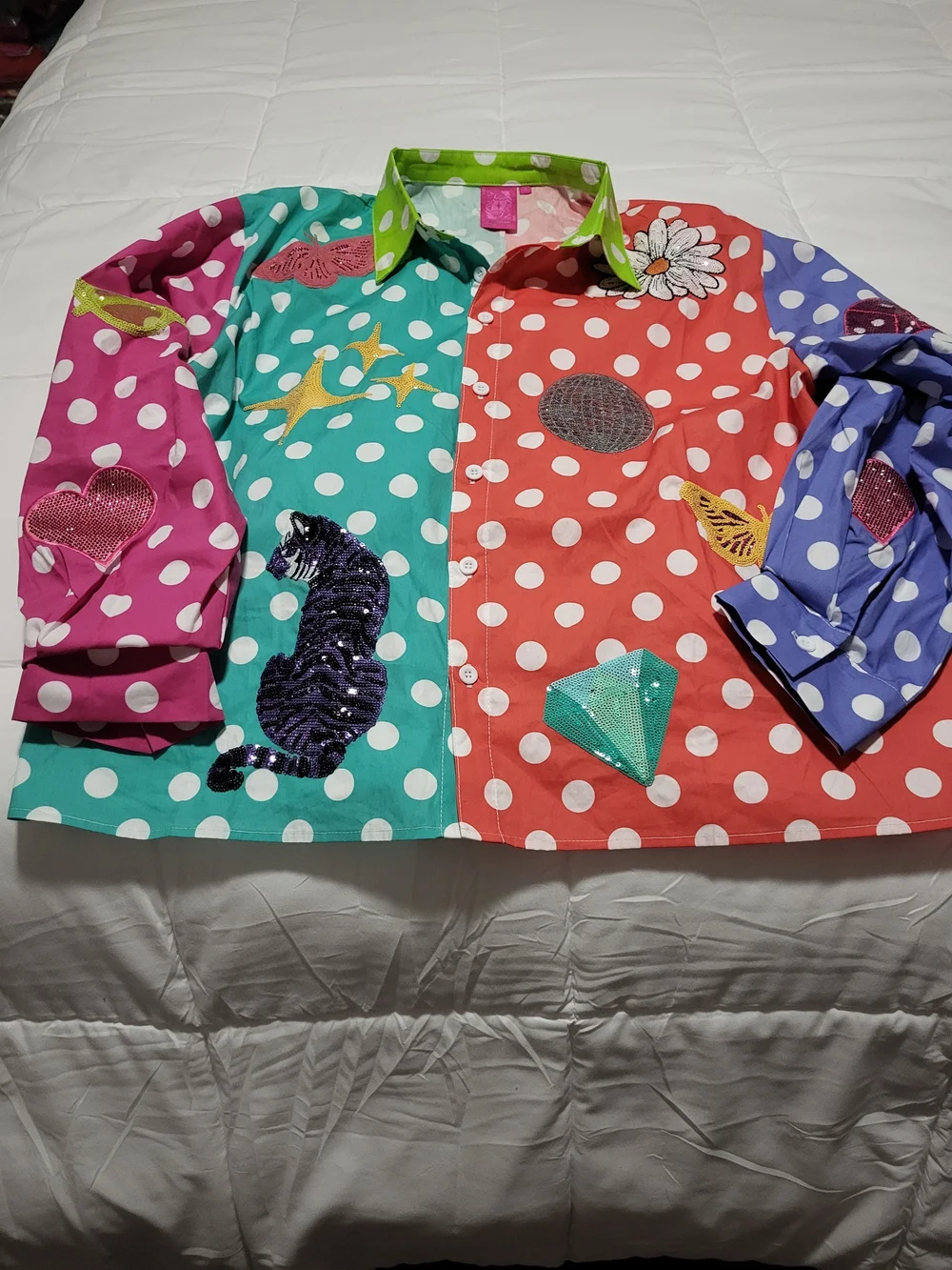 Queen Of Sparkles Polka Dot Multi-Color Embellished Button-Up Shirt - Picture 1 of 1